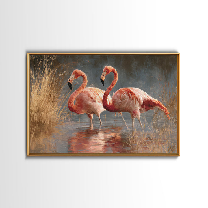 Flamingo Pair in Coral Water Reflections Canvas Print, Bird Art, Japanese Wall Art, Living Room Decor, Fine Art, Flight, BIR-3x2-62