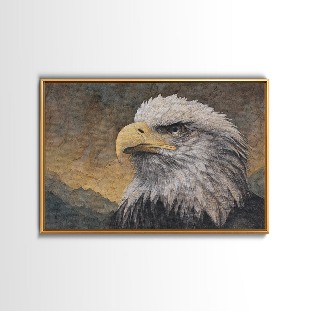 Eagle Portrait with Dramatic Mountain Wind Framed Canvas Print, Bird Art, Gallery Decor, Living Room Decor, Fine Art, Flight, BIR-3x2-64