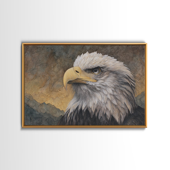 Eagle Portrait with Dramatic Mountain Wind Framed Canvas Print, Bird Art, Gallery Decor, Living Room Decor, Fine Art, Flight, BIR-3x2-64