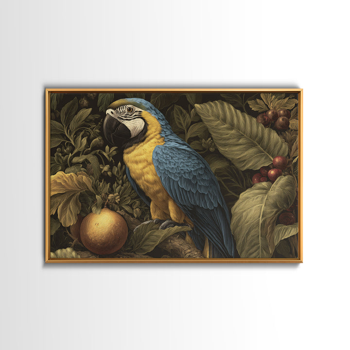 Parrot Among Tropical Leaves and Fruit Framed Canvas Print, Bird Art, Digital Download Art, Living Room Decor, Watercolor Art, BIR-3x2-65