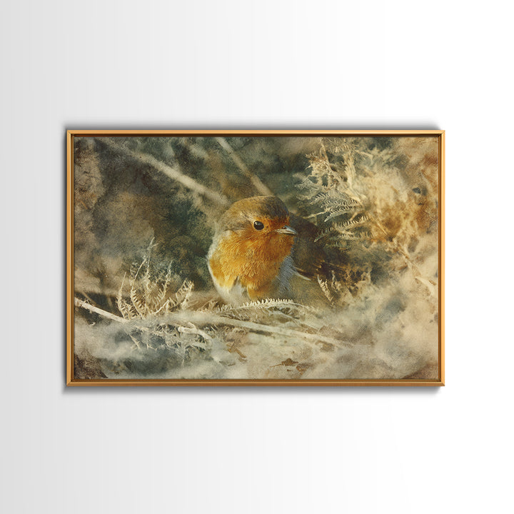 Robin in a Spring Garden with Soft Canvas Print, Bird Art, Textured Painting, Living Room Decor, Watercolor Art, Flight, BIR-3x2-67