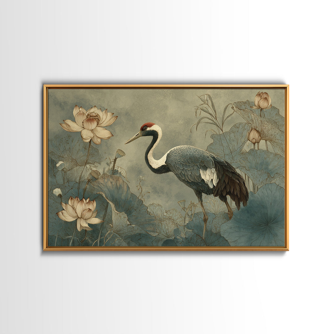Crane and Lotus Composition Framed Canvas Print, Bird Art, Nature Prints, Living Room Decor, Fine Art, Flight, Boho Decor, BIR-3x2-69