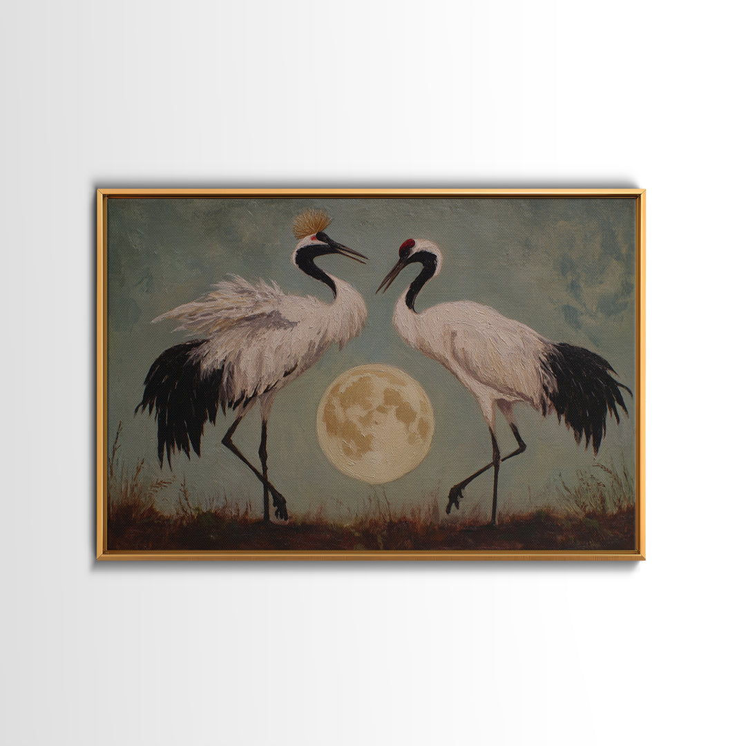 Pair of Cranes Dancing Framed Canvas Print, Bird Art, Home Decor, Living Room Decor, Abstract Art, Flight, Modern Wall Art, BIR-3x2-7