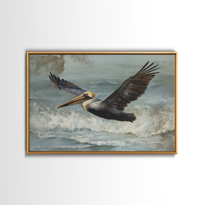 Pelican Flying over Coastal Waves Framed Canvas Print, Bird Art, Boho Wall Decor, Living Room Decor, Fine Art, Flight, BIR-3x2-70