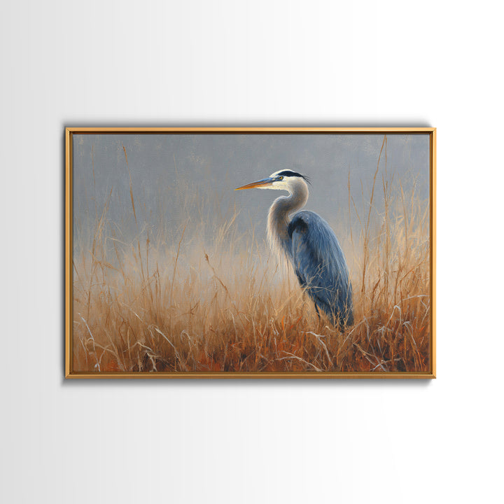 Blue Heron in Misty Marsh Grass Framed Canvas Print, Bird Art, Digital Download Art, Living Room Decor, Fine Art, Flight, BIR-3x2-78