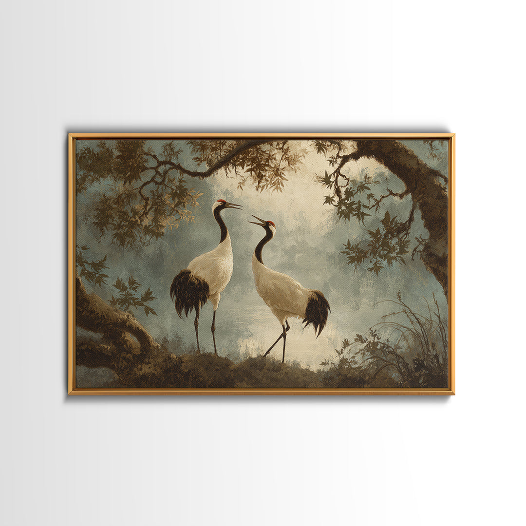 Pair of Cranes Dancing Framed Canvas Print, Bird Art, Bird Wall Art, Living Room Decor, Watercolor Art, Flight, Art Print, BIR-3x2-79