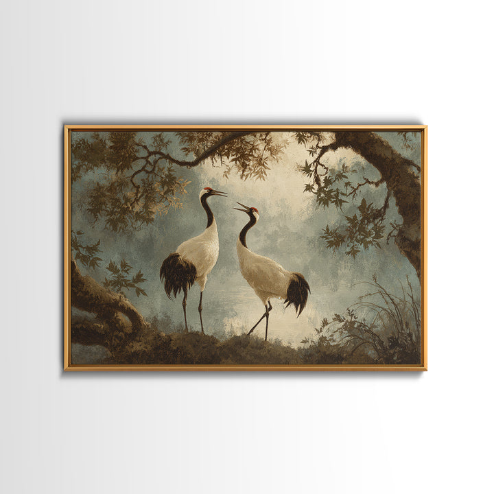 Pair of Cranes Dancing Framed Canvas Print, Bird Art, Bird Wall Art, Living Room Decor, Watercolor Art, Flight, Art Print, BIR-3x2-79