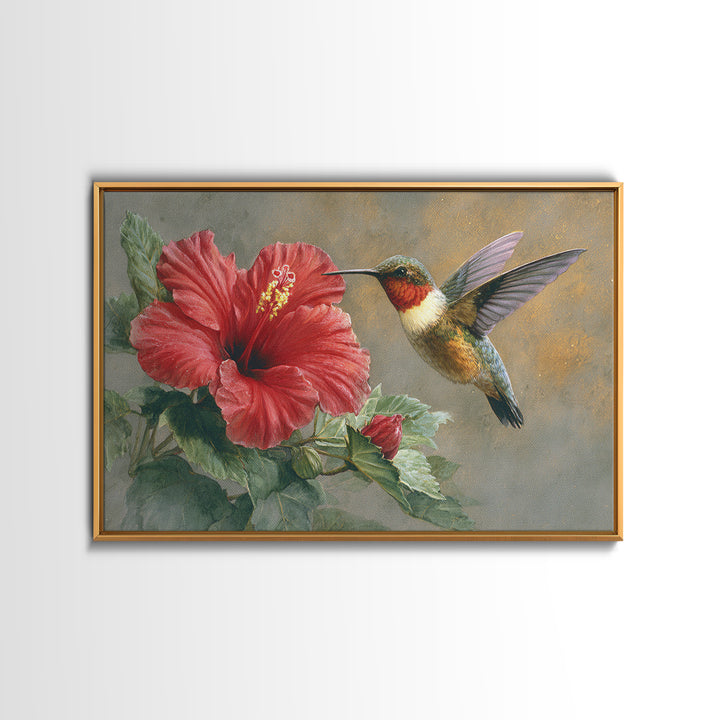 Hummingbird Hovering Beside Bright Hibiscus Framed Canvas Print, Bird Art, Watercolor Painting, Living Room Decor, Oil Painting, BIR-3x2-8