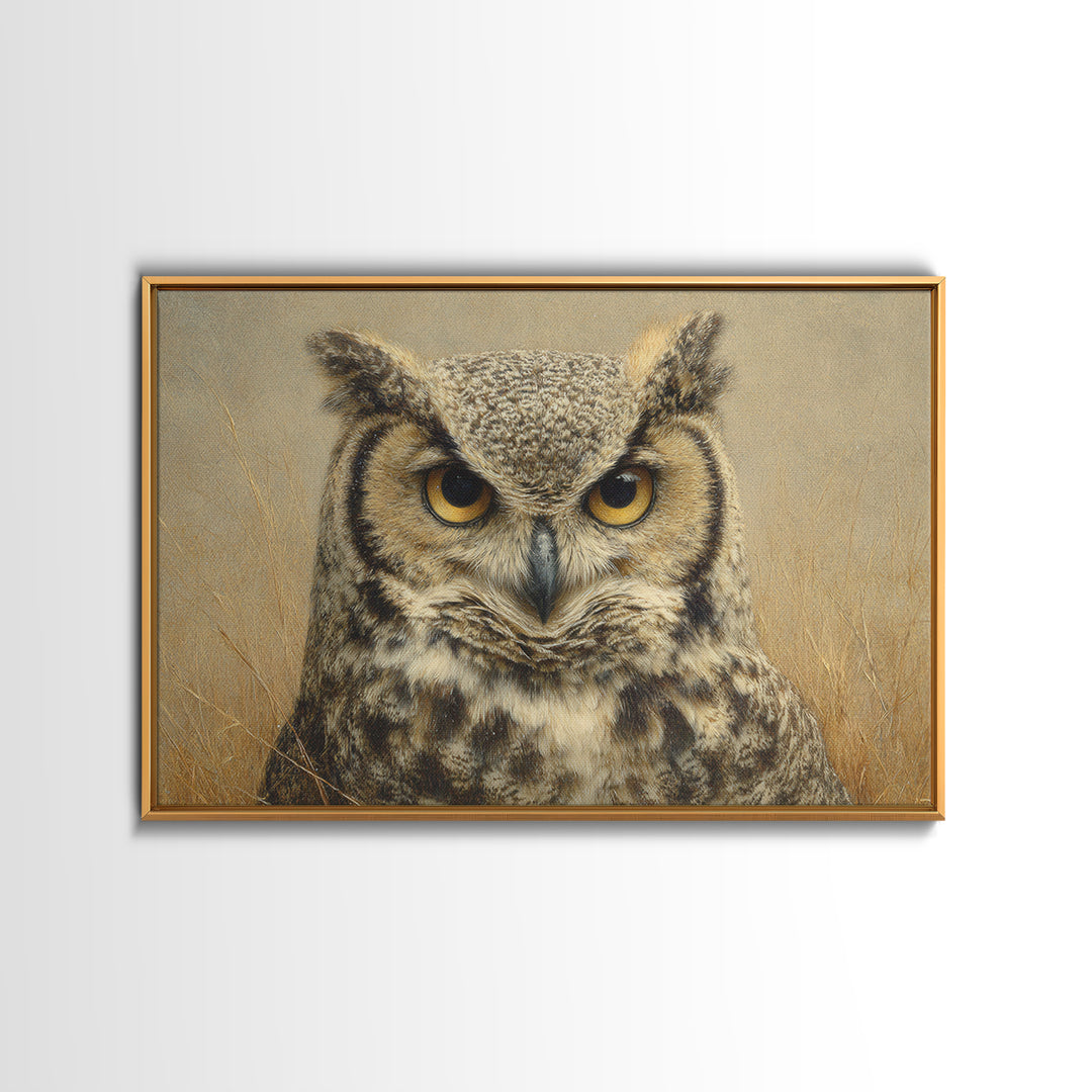 Owl Portrait with Wise Golden Eyes Framed Canvas Print, Bird Art, Bird Wall Art, Living Room Decor, Oil Painting, Flight, BIR-3x2-81