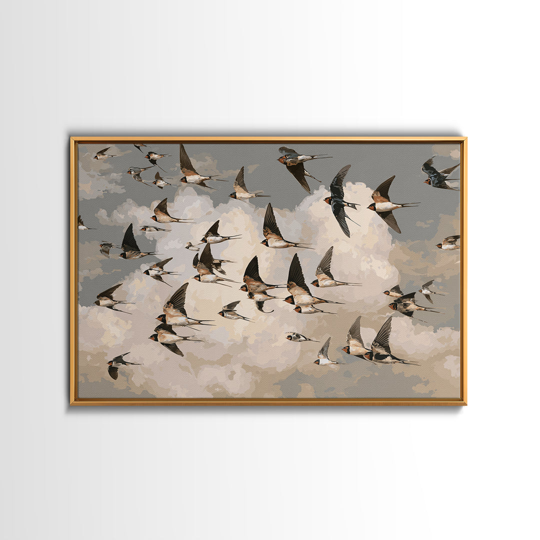 Flock of Swallows Sweeping Across Open Sky Framed Canvas Print, Bird Art, Nature Prints, Living Room Decor, Oil Painting, BIR-3x2-82