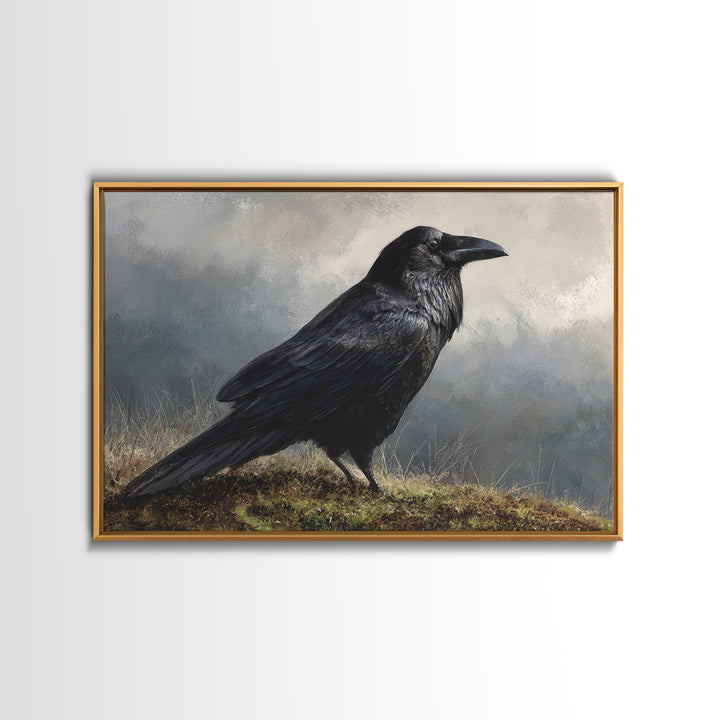 Raven Silhouette with Gothic Atmosphere Framed Canvas Print, Bird Art, Nature Wall Art, Living Room Decor, Fine Art, Flight, BIR-3x2-85