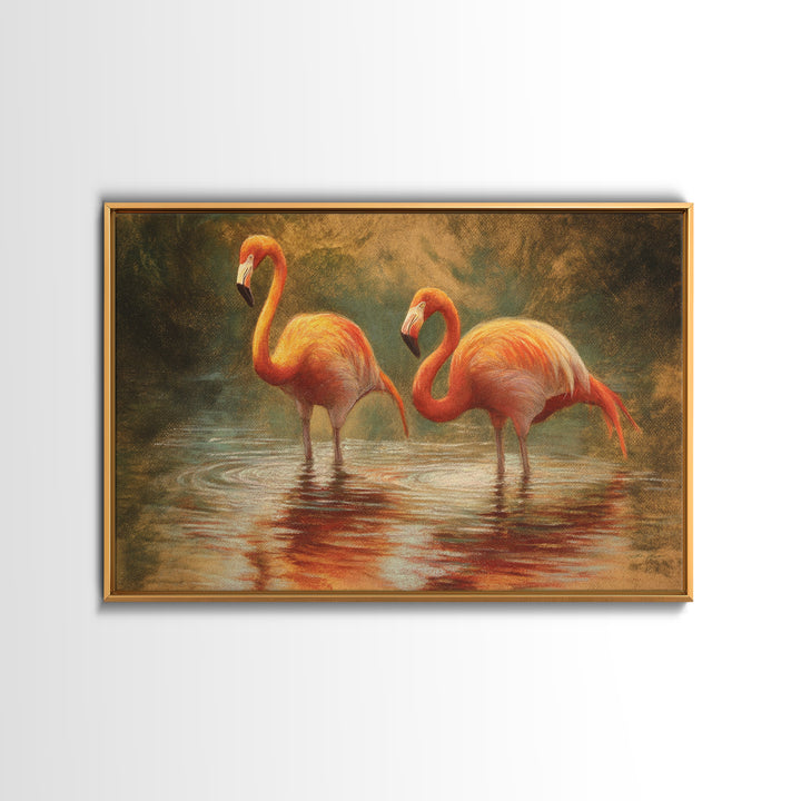 Flamingo Pair in Coral Water Reflections Framed Canvas Print, Bird Art, Gallery Wall, Living Room Decor, Fine Art, Flight, BIR-3x2-86