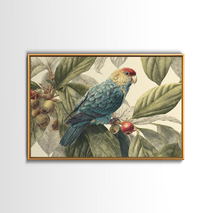 Parrot Among Tropical Leaves and Fruit Canvas Print, Bird Art, Rustic Home Decor, Living Room Decor, Oil Painting, Flight, BIR-3x2-89