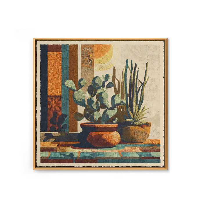 Desert Sun with Cactus and Warm Clay Framed Canvas Print, Boho Art, Textured Painting, Living Room Decor, Fine Art, Bohemian, BOH-1x1-1