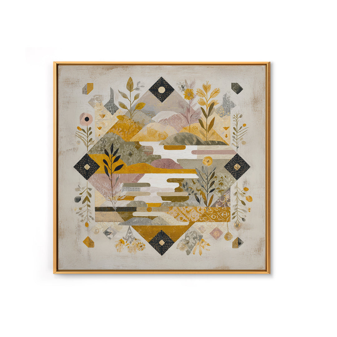 Earth Tone Mountain and River Abstraction Framed Canvas Print, Boho Art, Art Nouveau, Living Room Decor, Fine Art, Bohemian, BOH-1x1-11