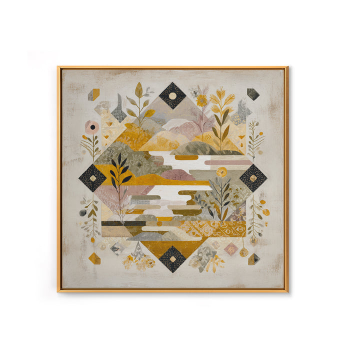 Earth Tone Mountain and River Abstraction Framed Canvas Print, Boho Art, Art Nouveau, Living Room Decor, Fine Art, Bohemian, BOH-1x1-11