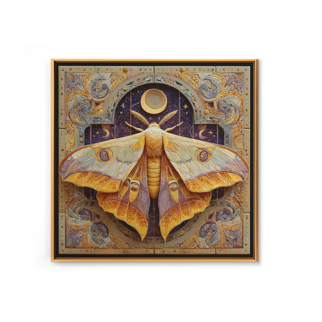 Golden Moth with Moon and Stars Canvas Print, Boho Art, Luxury Decor, Living Room Decor, Fine Art, Bohemian, Digital Art, BOH-1x1-17