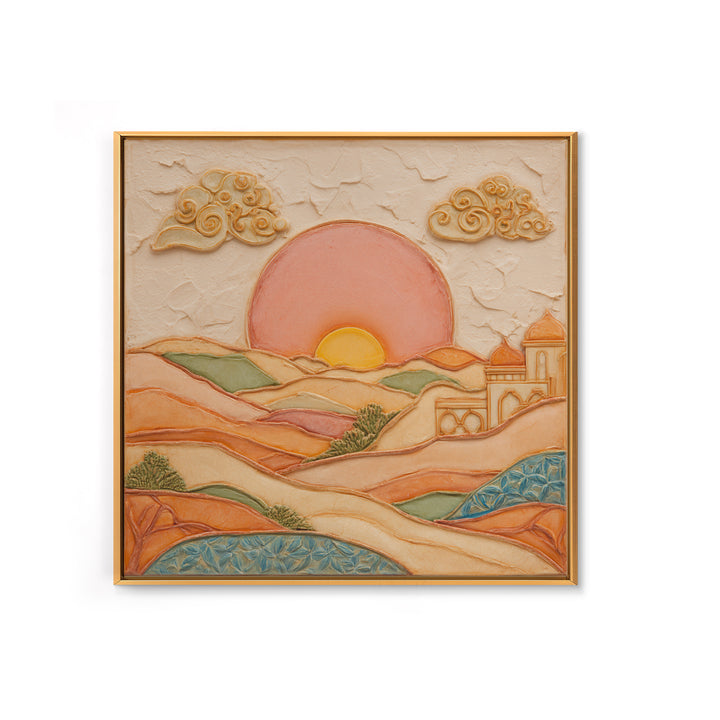 Sunrise over Rolling Dunes in Muted Peach Framed Canvas Print, Boho Art, Room Decor, Living Room Decor, Fine Art, Bohemian, BOH-1x1-21