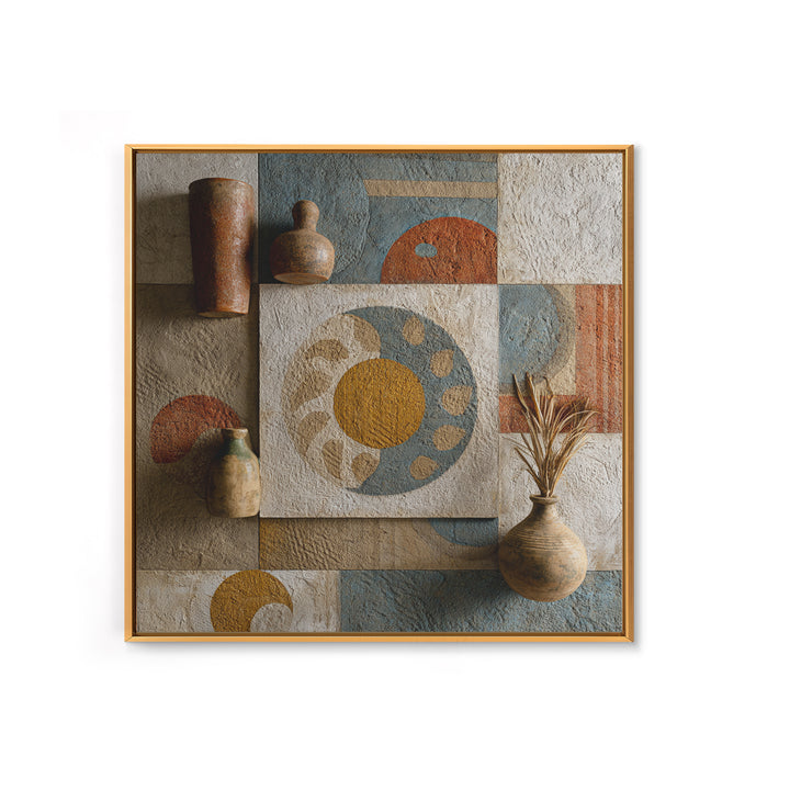 Sun and Moon Celestial Folk Motif Framed Canvas Print, Boho Art, Fine Art Print, Living Room Decor, Watercolor Art, Bohemian, BOH-1x1-34