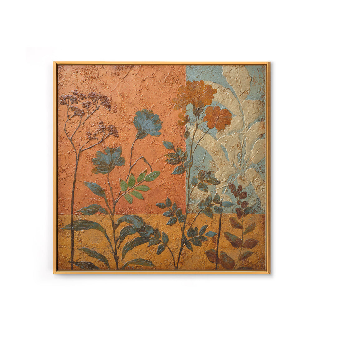 Burnt Orange Floral Field at Sunset Framed Canvas Print, Boho Art, Contemporary Art, Living Room Decor, Fine Art, Bohemian, BOH-1x1-37