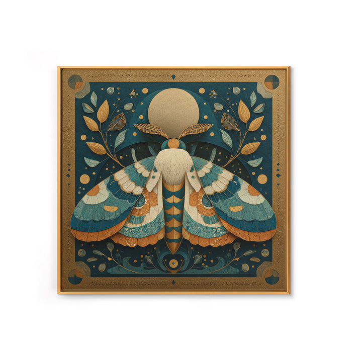 Golden Moth with Moon and Stars Framed Canvas Print, Boho Art, Wall Art, Living Room Decor, Fine Art, Bohemian, Art Deco, BOH-1x1-41