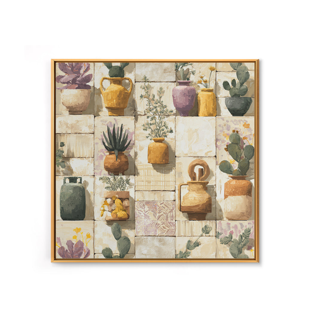 Warm Neutral Cactus Garden Illustration Framed Canvas Print, Boho Art, Wall Art Set, Living Room Decor, Fine Art, Bohemian, BOH-1x1-42