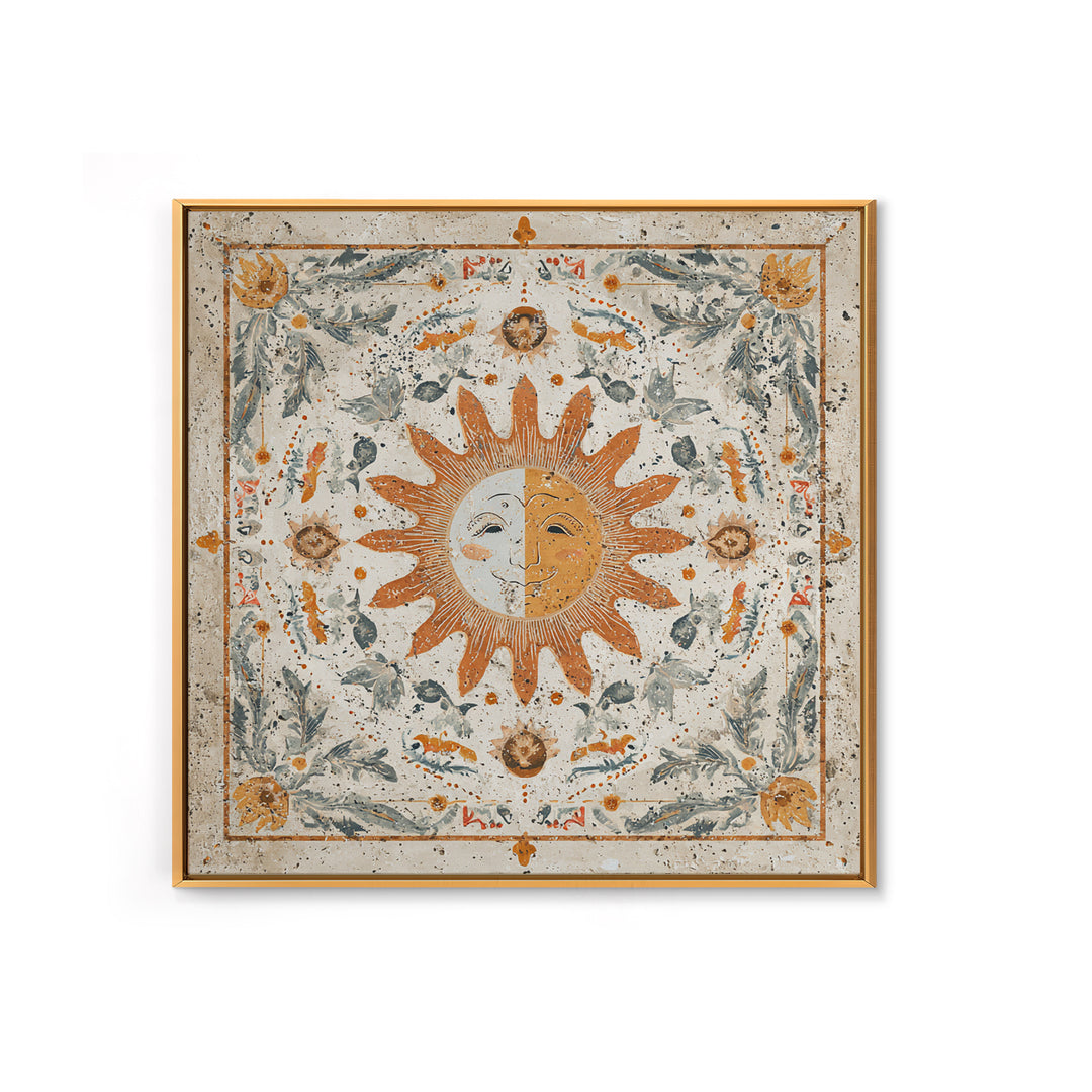Sun and Moon Celestial Folk Motif Framed Canvas Print, Boho Art, Fine Art Print, Living Room Decor, Watercolor Art, Bohemian, BOH-1x1-58