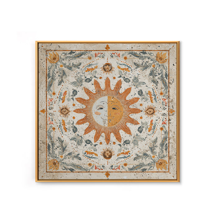 Sun and Moon Celestial Folk Motif Framed Canvas Print, Boho Art, Fine Art Print, Living Room Decor, Watercolor Art, Bohemian, BOH-1x1-58