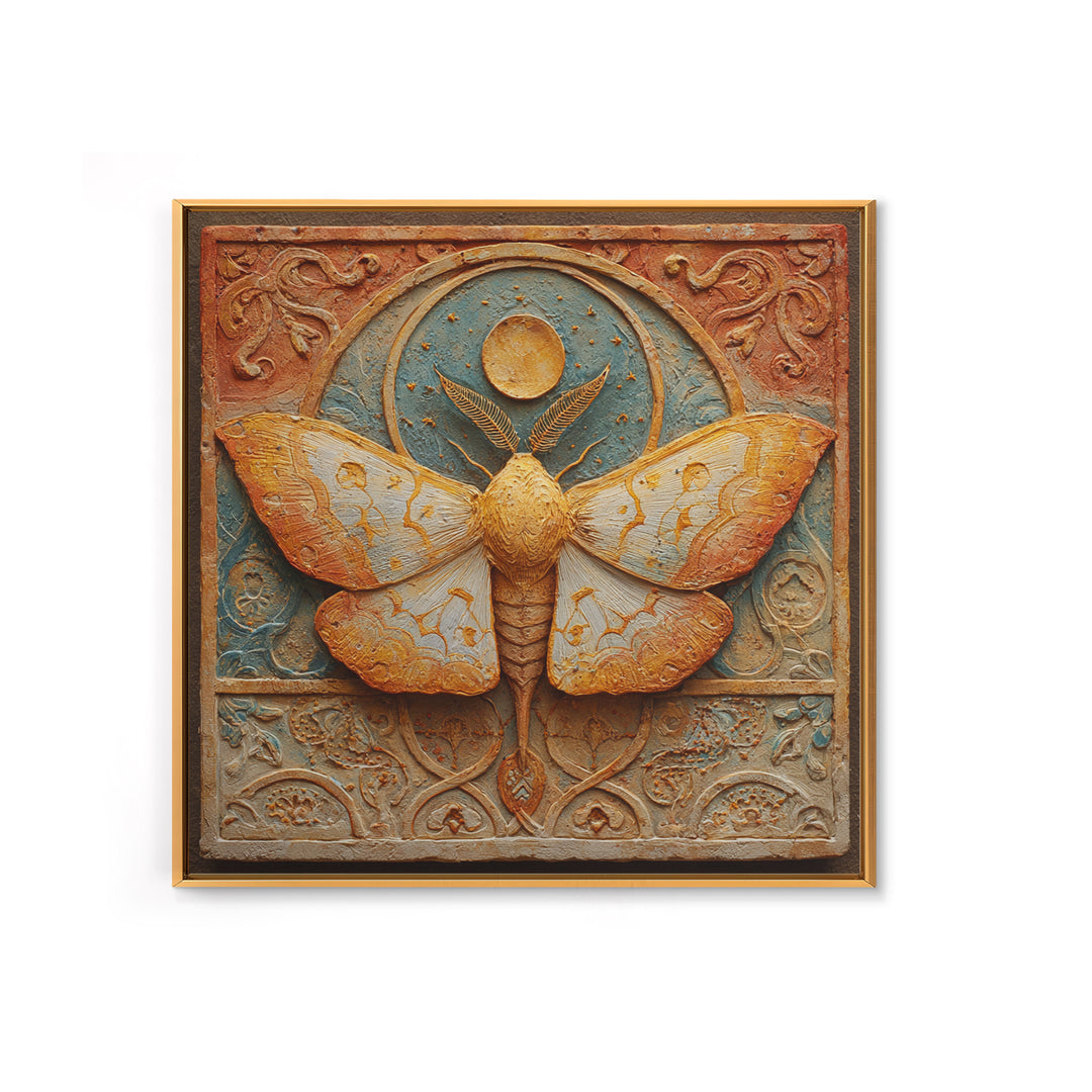 Golden Moth with Moon and Stars Framed Canvas Print, Boho Art, Wall Art, Living Room Decor, Fine Art, Bohemian, Art Deco, BOH-1x1-65