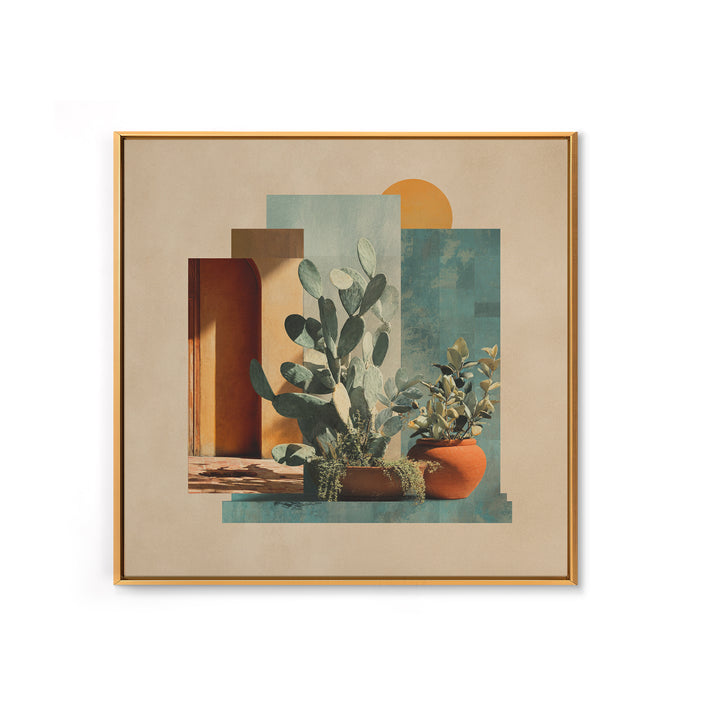 Desert Sun with Cactus and Warm Clay Framed Canvas Print, Boho Art, Printable, Living Room Decor, Watercolor Art, Bohemian, BOH-1x1-73