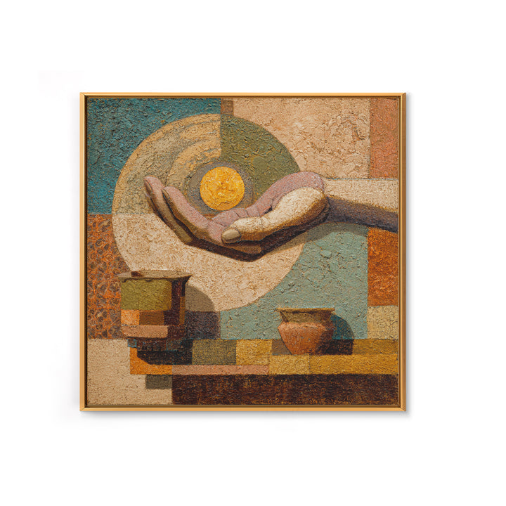 Mystic Hand Holding a Tiny Sun Framed Canvas Print, Boho Art, Textured Painting, Living Room Decor, Fine Art, Bohemian, BOH-1x1-78