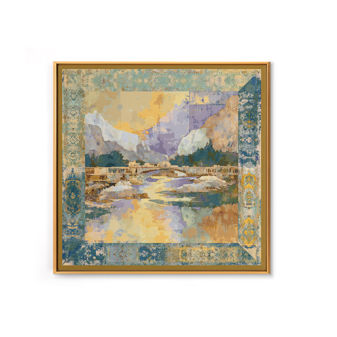 Earth Tone Mountain and River Abstraction Framed Canvas Print, Boho Art, Living Room Decor, Oil Painting, Bohemian, BOH-1x1-83