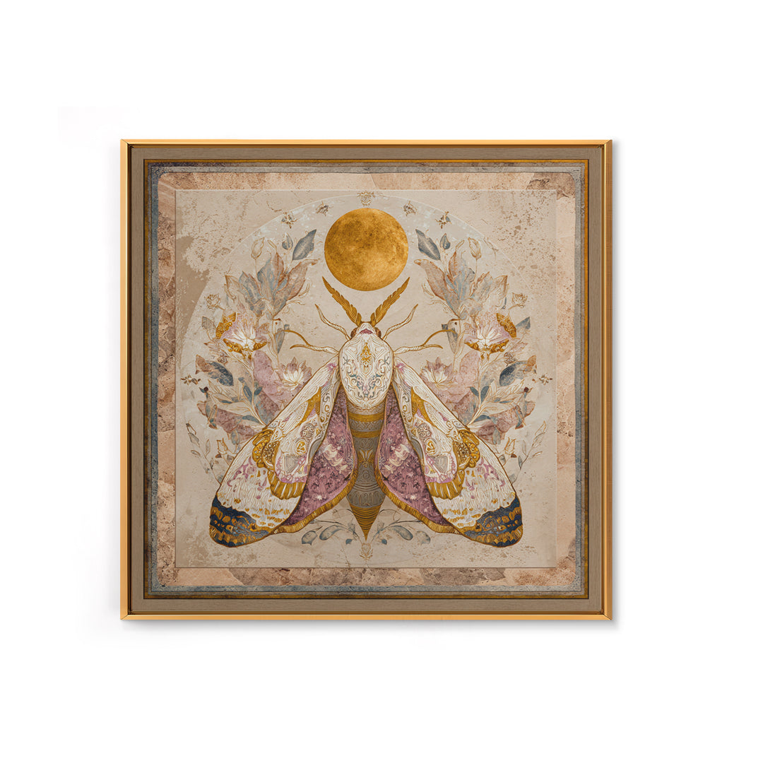 Golden Moth with Moon and Stars Canvas Print, Boho Art, Art Print, Living Room Decor, Fine Art, Bohemian, Digital Print, BOH-1x1-89