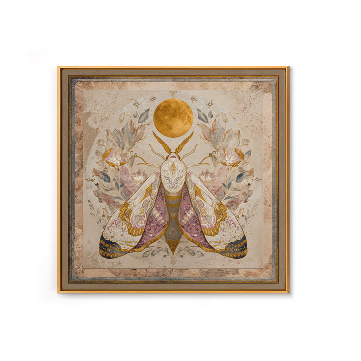Golden Moth with Moon and Stars Canvas Print, Boho Art, Art Print, Living Room Decor, Fine Art, Bohemian, Digital Print, BOH-1x1-89