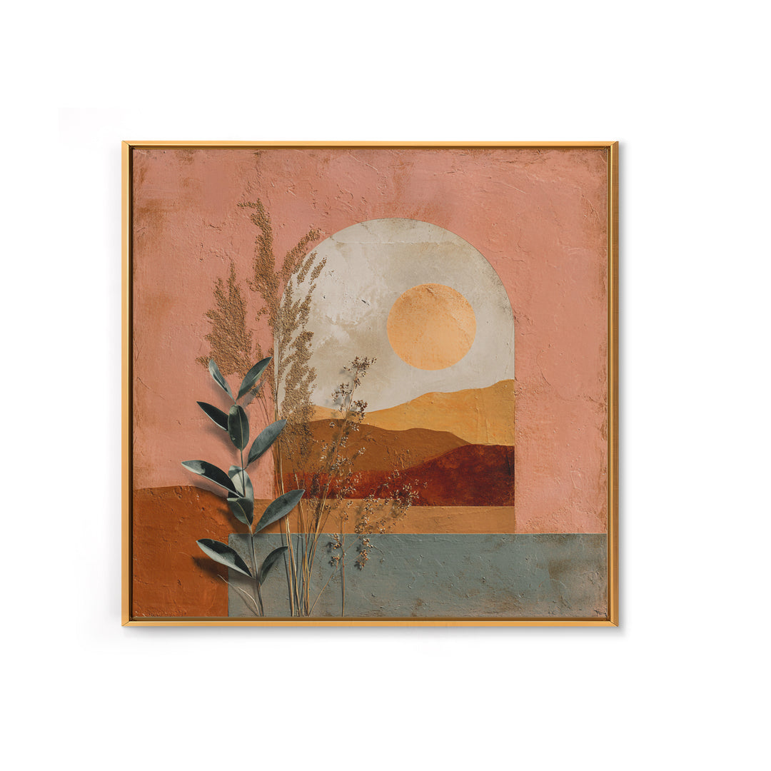 Sunrise over Rolling Dunes in Muted Peach Framed Canvas Print, Boho Art, Digital Art, Living Room Decor, Oil Painting, Bohemian, BOH-1x1-93