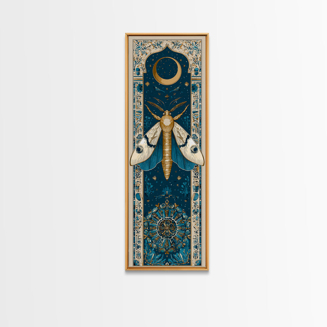 Golden Moth with Moon and Stars Framed Canvas Print, Boho Art, Prints, Living Room Decor, Fine Art, Bohemian, Abstract Art, BOH-1x3-29