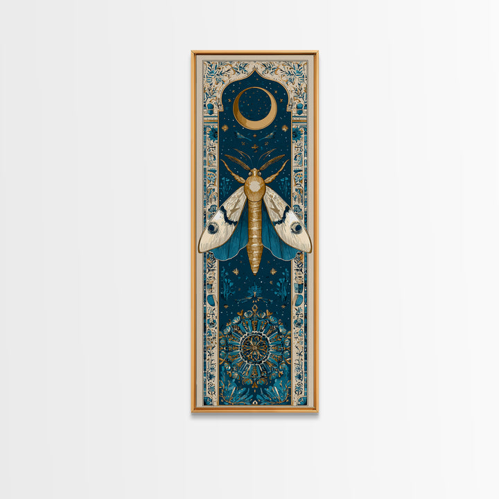 Golden Moth with Moon and Stars Framed Canvas Print, Boho Art, Prints, Living Room Decor, Fine Art, Bohemian, Abstract Art, BOH-1x3-29