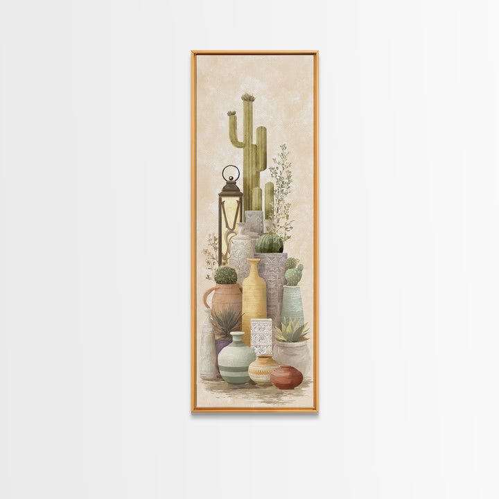 Warm Neutral Cactus Garden Illustration Framed Canvas Print, Boho Art, Fine Art Print, Living Room Decor, Watercolor Art, BOH-1x3-30
