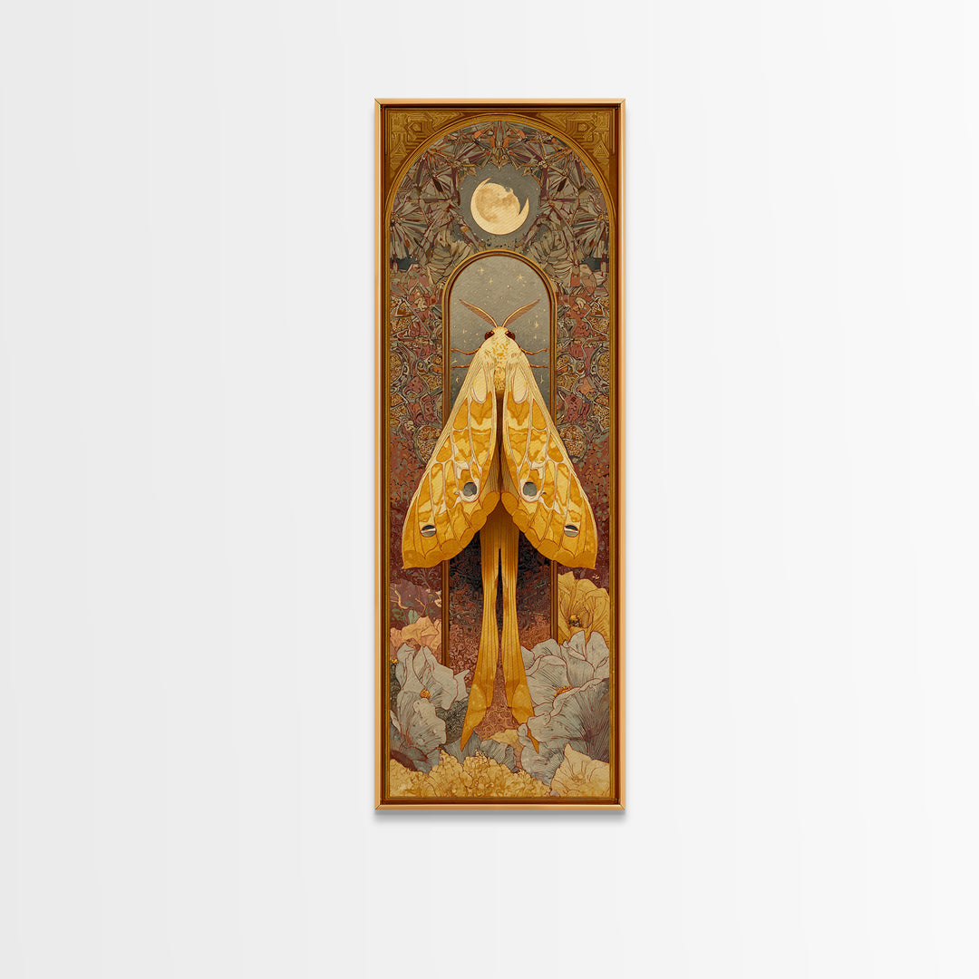 Golden Moth with Moon and Stars Canvas Print, Boho Art, Minimalist Decor, Living Room Decor, Bohemian, Digital Wall Art, BOH-1x3-5