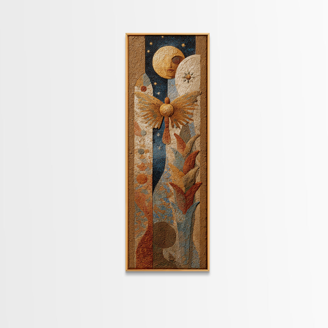 Golden Moth with Moon and Stars Framed Canvas Print, Boho Art, Prints, Living Room Decor, Fine Art, Bohemian, Abstract Art, BOH-1x3-53