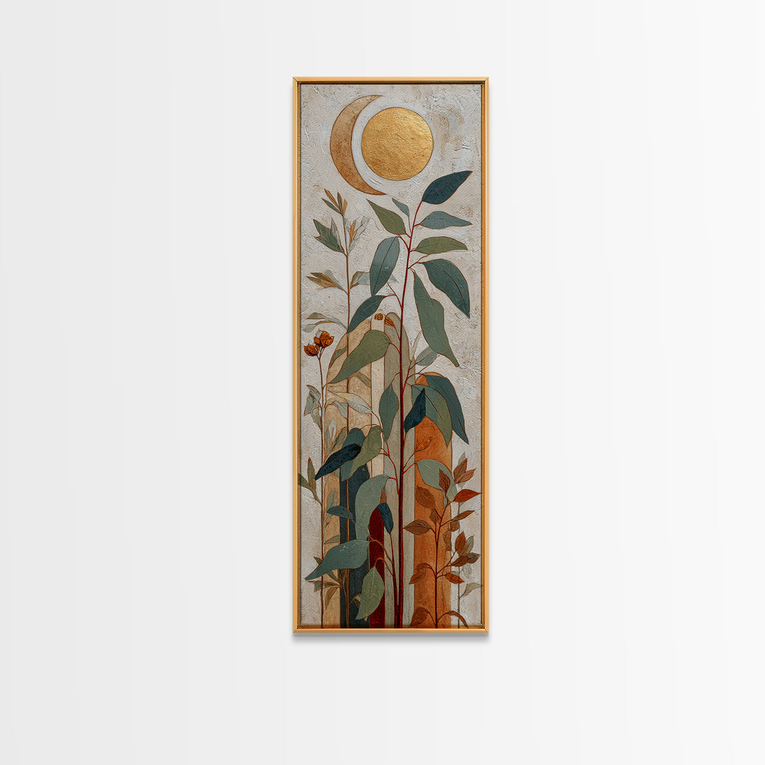 Sage Green Eucalyptus and Crescent Moon Canvas Print, Boho Art, Modern Decor, Living Room Decor, Fine Art, Bohemian, Wall Decor, BOH-1x3-59