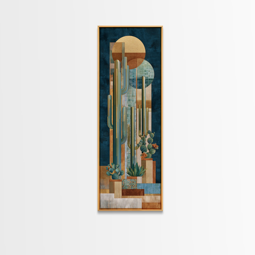 Desert Sun with Cactus and Warm Clay Framed Canvas Print, Boho Art, Boho, Living Room Decor, Fine Art, Bohemian, Wall Art Print, BOH-1x3-61