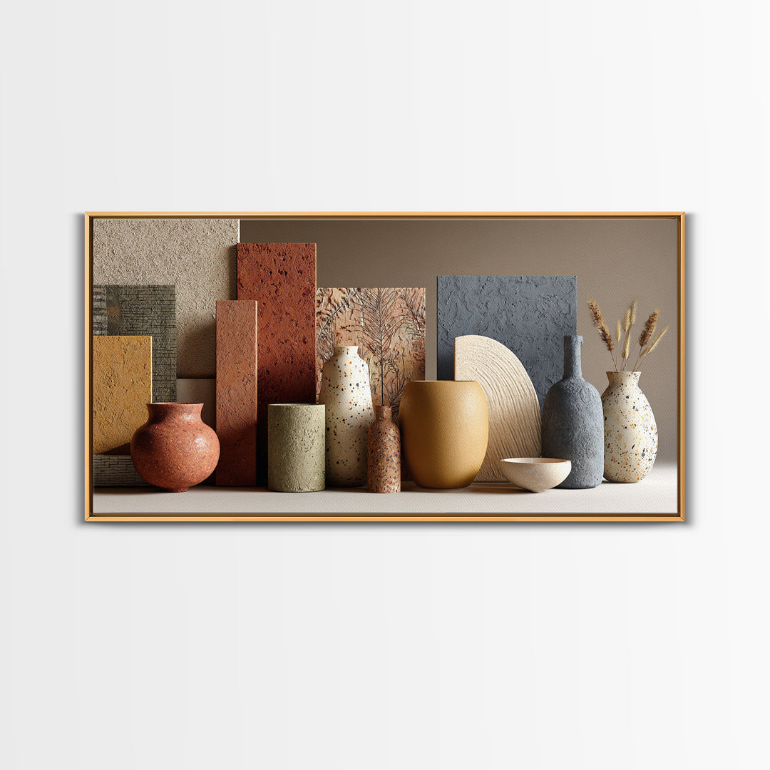 Abstract Clay Shapes Framed Canvas Print, Boho Art, Textured Painting, Living Room Decor, Abstract Art, Bohemian, BOH-2x1-12