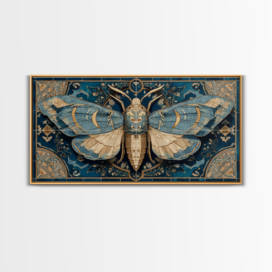 Golden Moth with Moon and Stars Framed Canvas Print, Boho Art, Boho, Living Room Decor, Fine Art, Bohemian, Wall Art Print, BOH-2x1-13