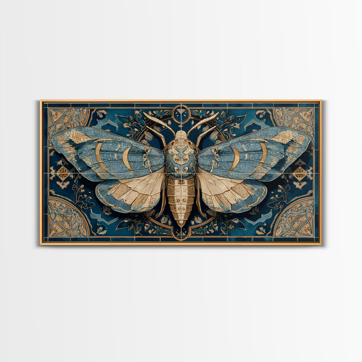Golden Moth with Moon and Stars Framed Canvas Print, Boho Art, Boho, Living Room Decor, Fine Art, Bohemian, Wall Art Print, BOH-2x1-13