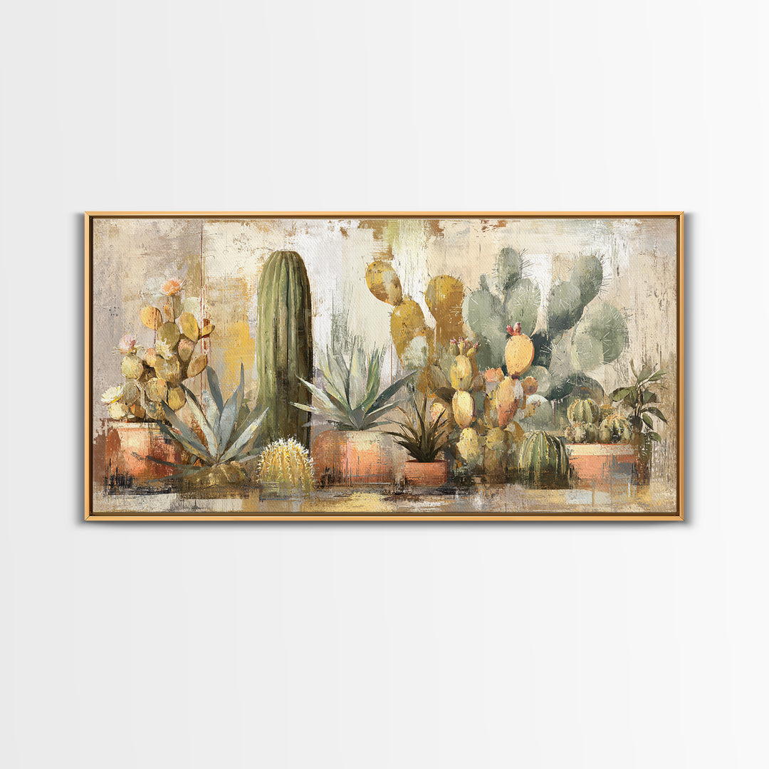Warm Neutral Cactus Garden Illustration Framed Canvas Print, Boho Art, Living Room Decor, Watercolor Art, Bohemian, BOH-2x1-14