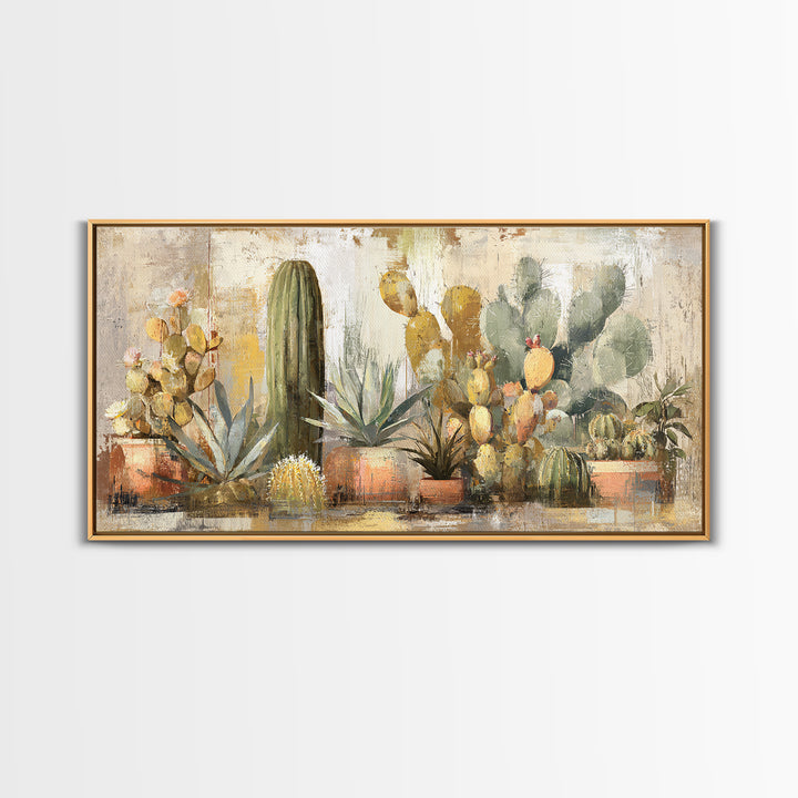 Warm Neutral Cactus Garden Illustration Framed Canvas Print, Boho Art, Living Room Decor, Watercolor Art, Bohemian, BOH-2x1-14