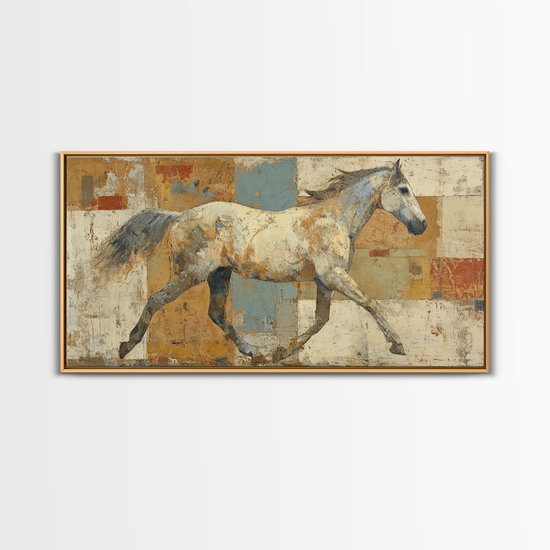 Wild Horse in Dusty Golden Light Framed Canvas Print, Boho Art, Wall Art, Living Room Decor, Fine Art, Bohemian, Art Deco, BOH-2x1-28