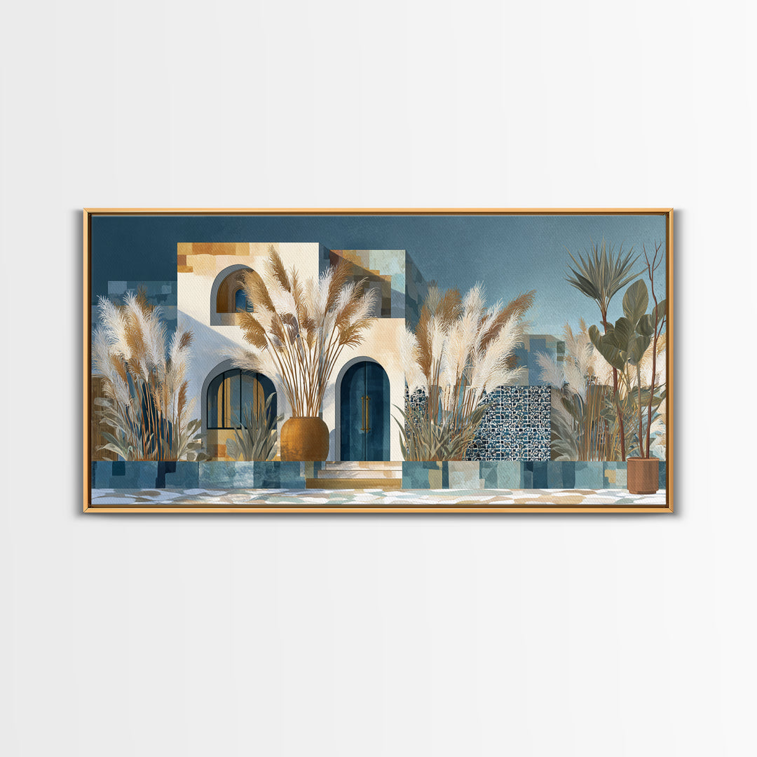 Bohemian Vase with Dried Pampas Grass Framed Canvas Print, Boho Art, Art Nouveau, Living Room Decor, Watercolor Art, Bohemian, BOH-2x1-29
