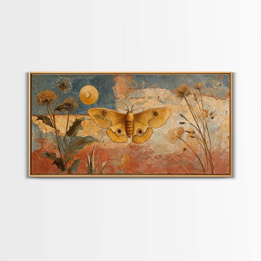 Golden Moth with Moon and Stars Framed Canvas Print, Boho Art, Boho, Living Room Decor, Fine Art, Bohemian, Wall Art Print, BOH-2x1-37